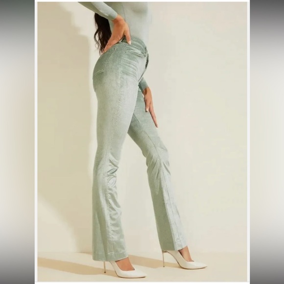 NWT GUESS Women’s High Rise Flare Shimmery Dusty Teal Corduroy Pants Size 31 - Picture 11 of 12